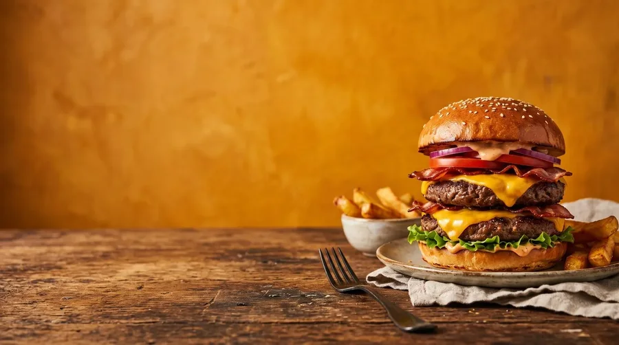 Gestapelde cheeseburger op een houten tafel