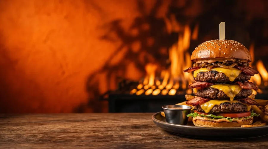 Triple stack baconburger tegen een oranje achtergrond