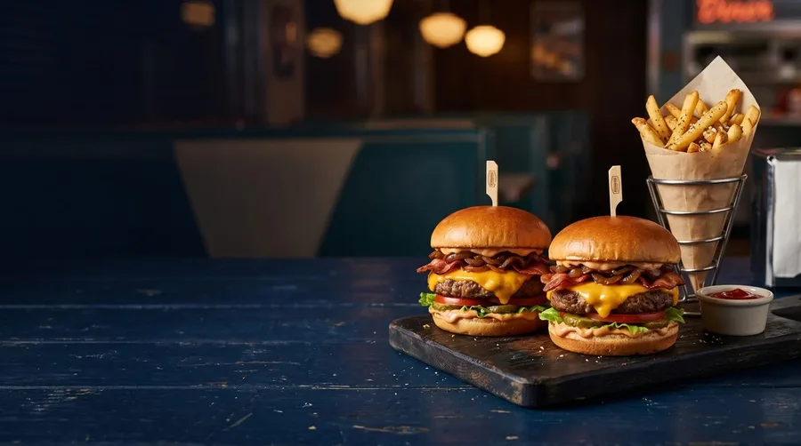 Twee cheeseburgers met een puntzak friet