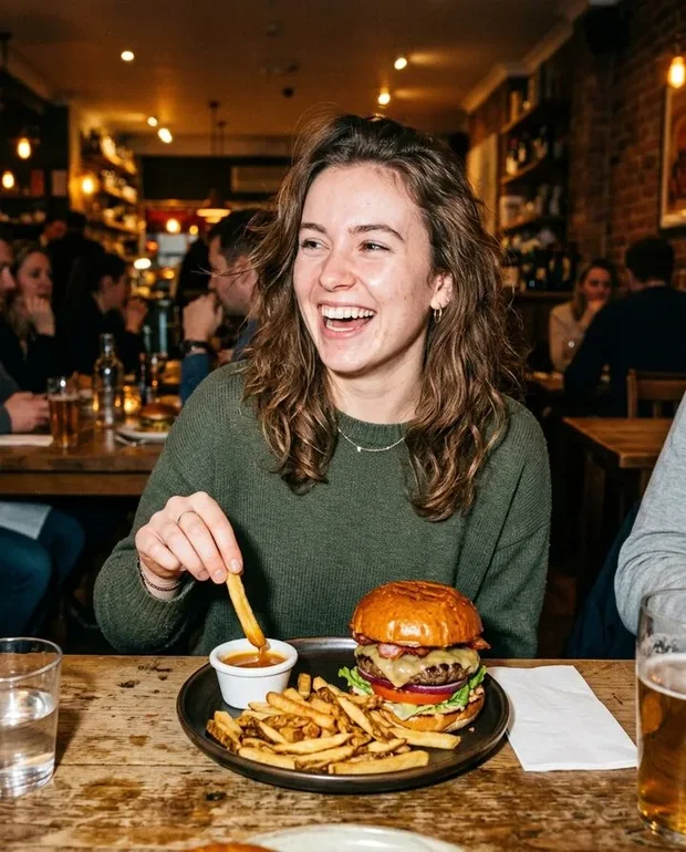 Vrouw dipt een friet in saus naast een grote burger