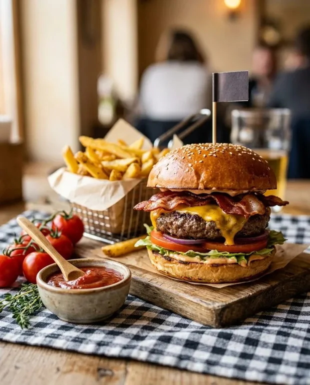 Hoge baconburger met friet op een geruite doek