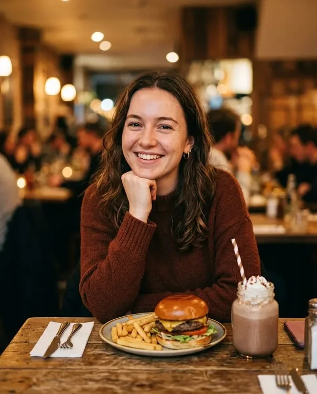 Lachende gast aan tafel met burger en milkshake