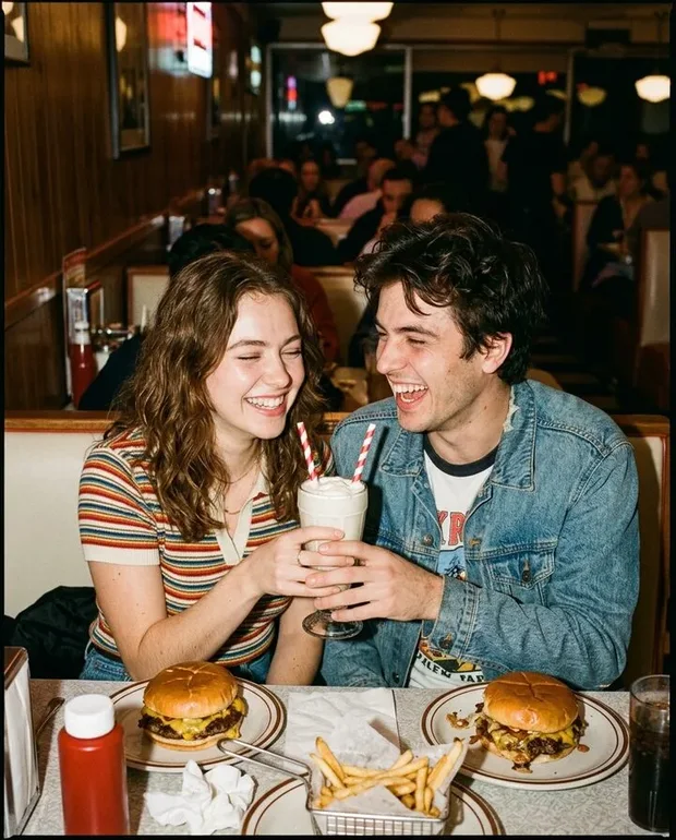 Stel deelt milkshakes naast hun burgers