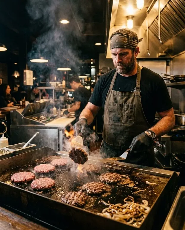 Kok draait burgers om op de grill in de open keuken