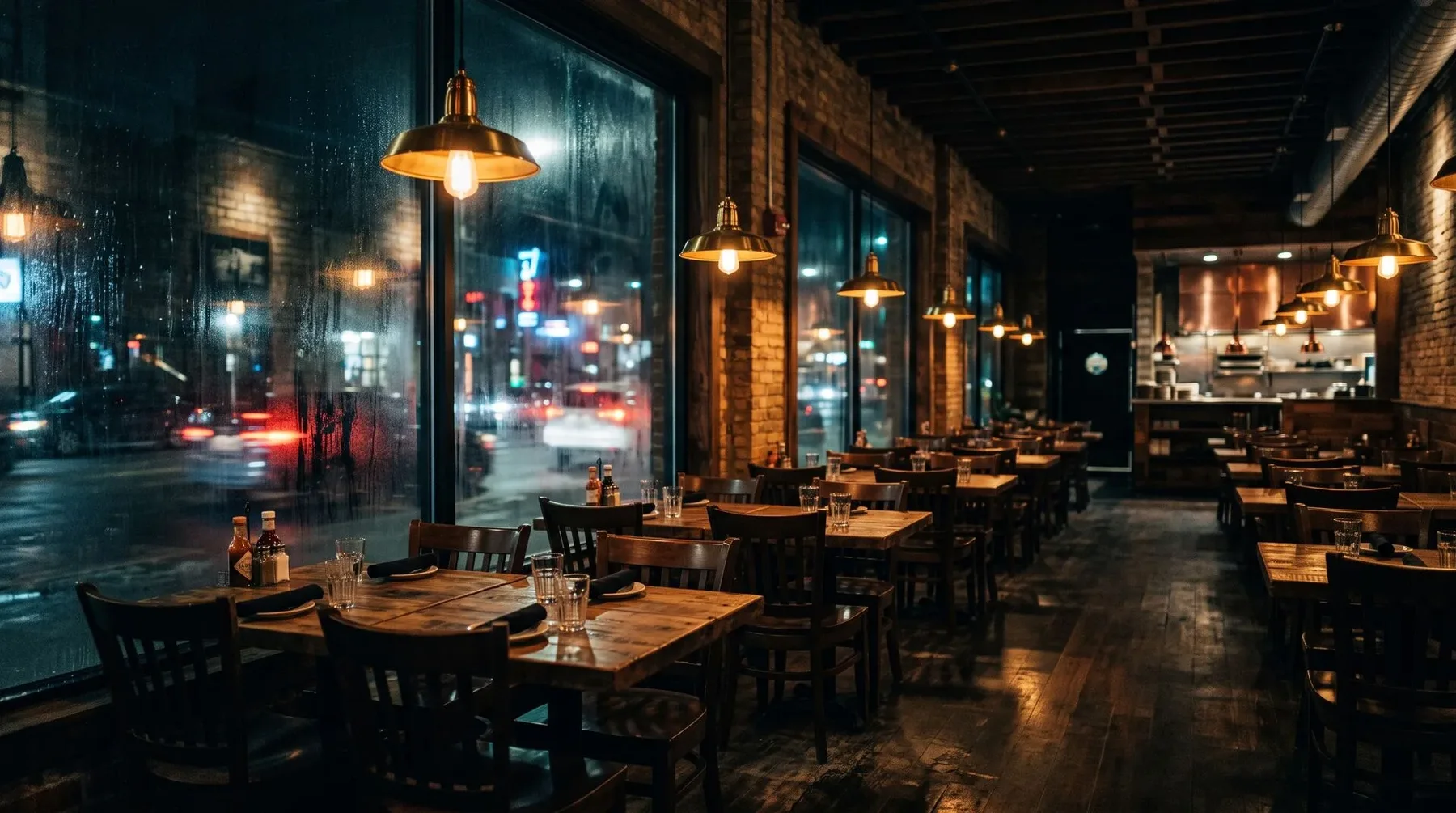 Warm verlicht interieur van een burgerrestaurant in de avond