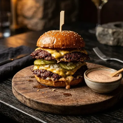 Double smash cheeseburger op een houten plank
