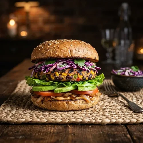 Kleurrijke veggie burger met avocado en rode kool