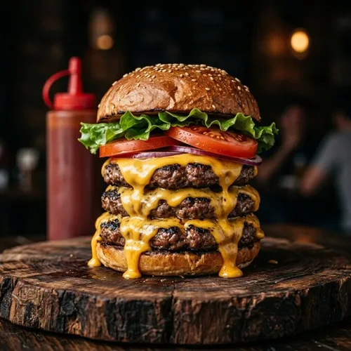 Torenhoge triple cheese burger op een houten schijf