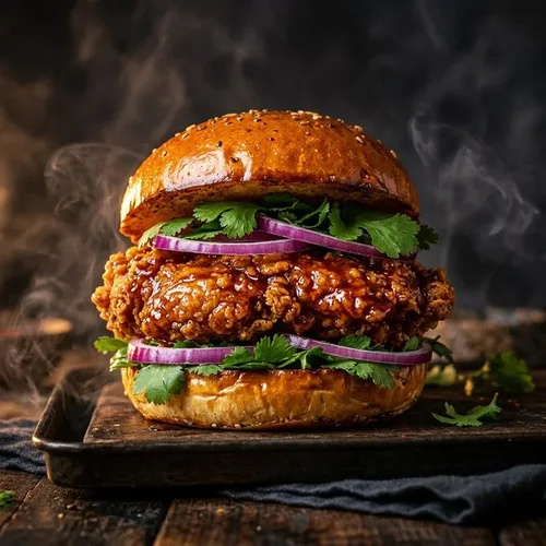 BBQ kipburger met glanzende saus en rode ui