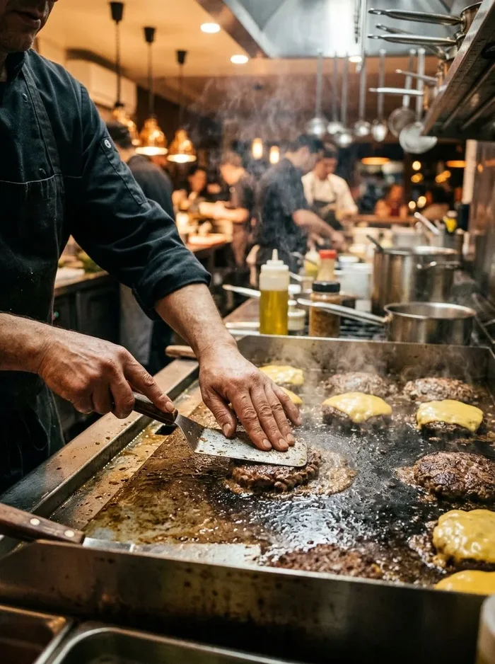 Burgers liggen te sissen op de bakplaat in de open keuken