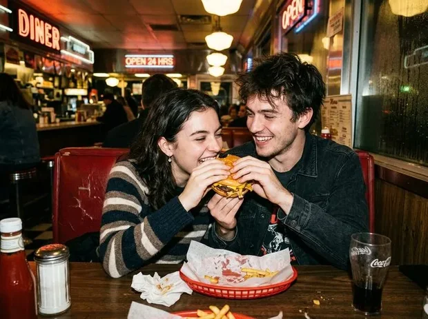 Stel deelt een burger in een gezellige eetcafé-bank