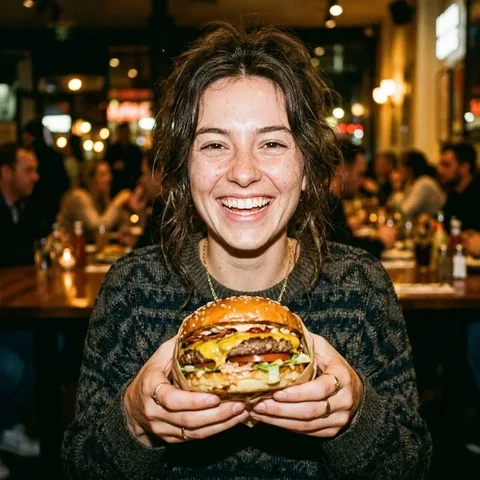 Gast houdt een burger omhoog voor de camera