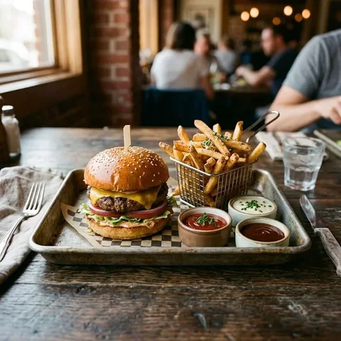 Burger en friet van bovenaf op een dienblad