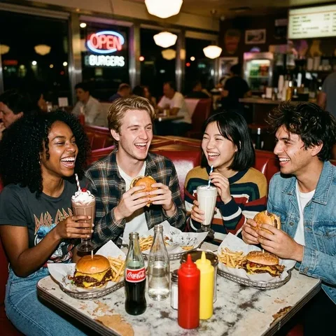 Vrienden lachen met milkshakes en burgers