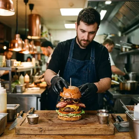 Kok stapelt een burger in de open keuken
