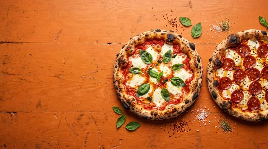 Twee pizza's naast elkaar op een oranje tafel