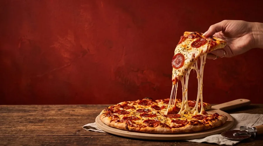 Hand tilt een pizzapunt op met een lange kaassliert