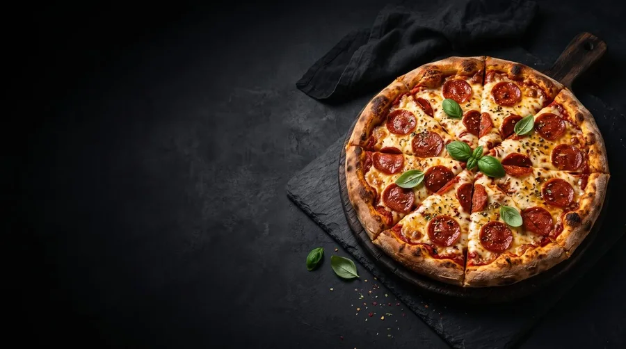 Pepperoni pizza tegen een donkere achtergrond
