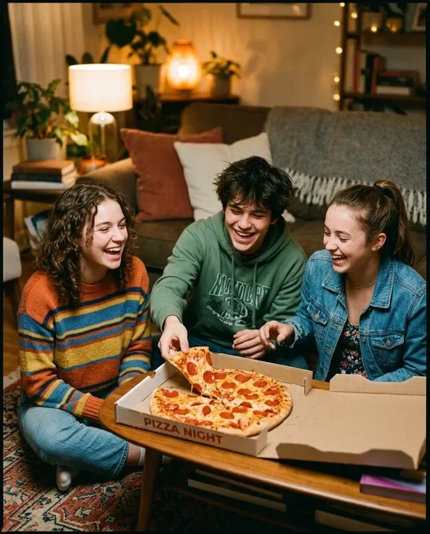 Drie vrienden lachen om een geopende pizzadoos op de vloer