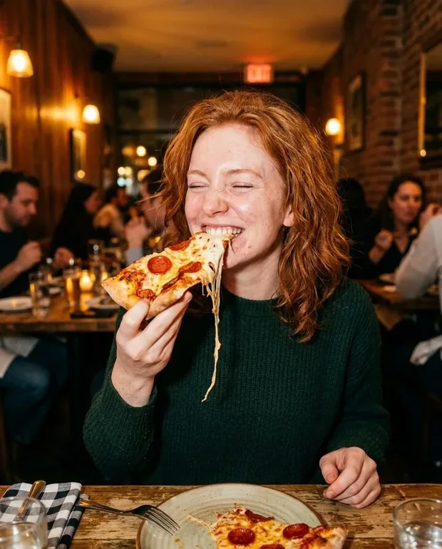 Vrouw neemt haar eerste hap van een pizzapunt met lange kaassliert