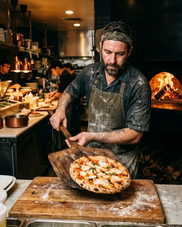 Kok schuift een versgebakken pizza van de pizzaschep