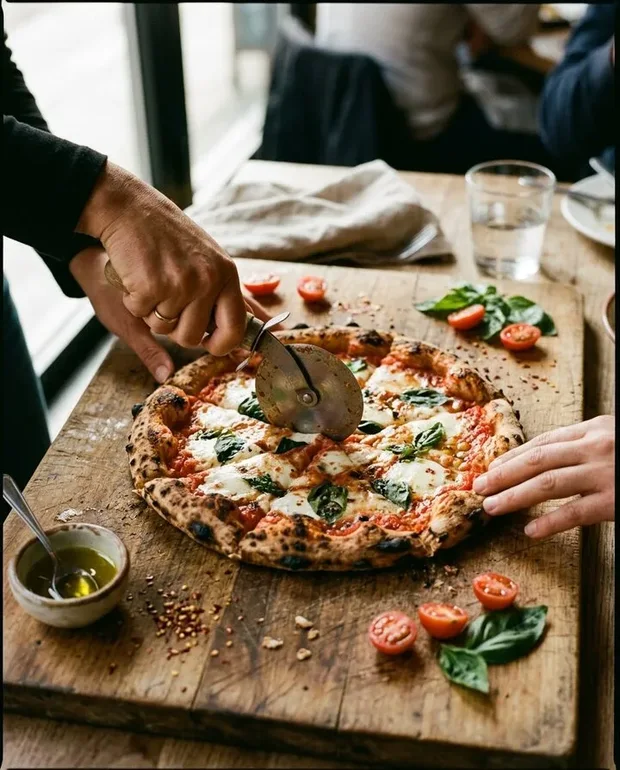 Margherita pizza wordt in punten gesneden op een houten plank