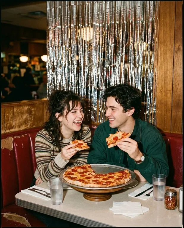 Stel deelt een pizza in een warm retro restaurant