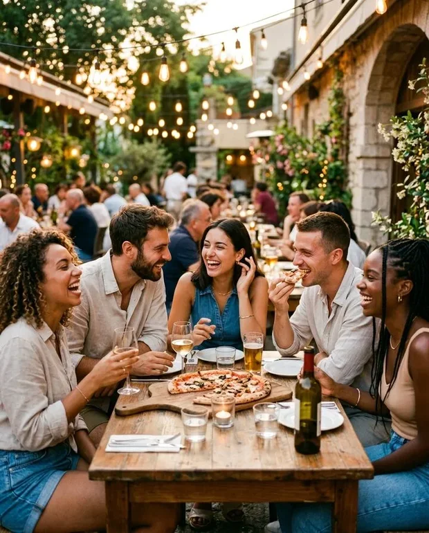 Vrienden delen pizza op een terras met lichtjes in de avond