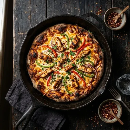 Pittige peri peri pizza in een gietijzeren pan