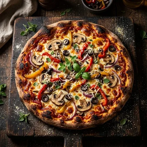 Boerderij pizza met groenten op een houten plank