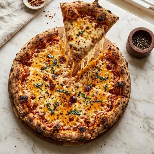 Triple cheese pizza met een lange kaassliert