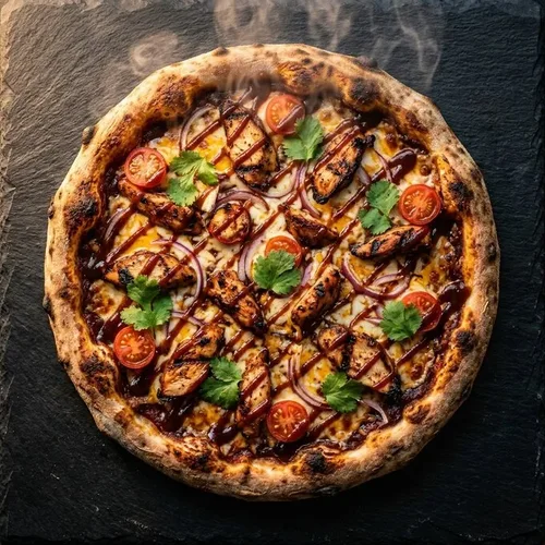 BBQ kippizza met rode ui en koriander