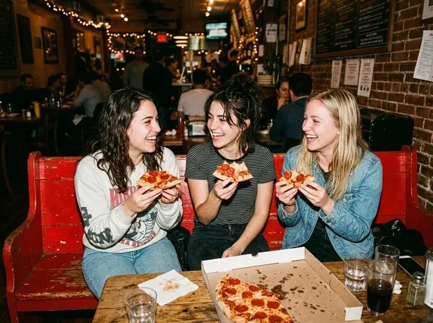 Drie vrienden delen pizza op een rode bank