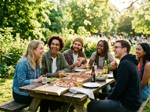 Gasten lachen aan een picknicktafel vol pizza