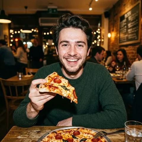 Gast lacht met een pizzapunt in de hand
