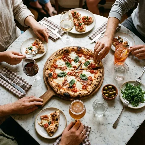 Pizza van bovenaf op een marmeren tafel
