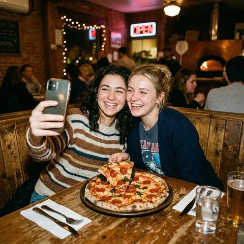 Vrienden nemen een selfie met hun pizza
