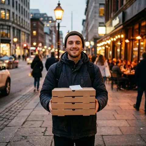 Bezorger met een stapel pizzadozen